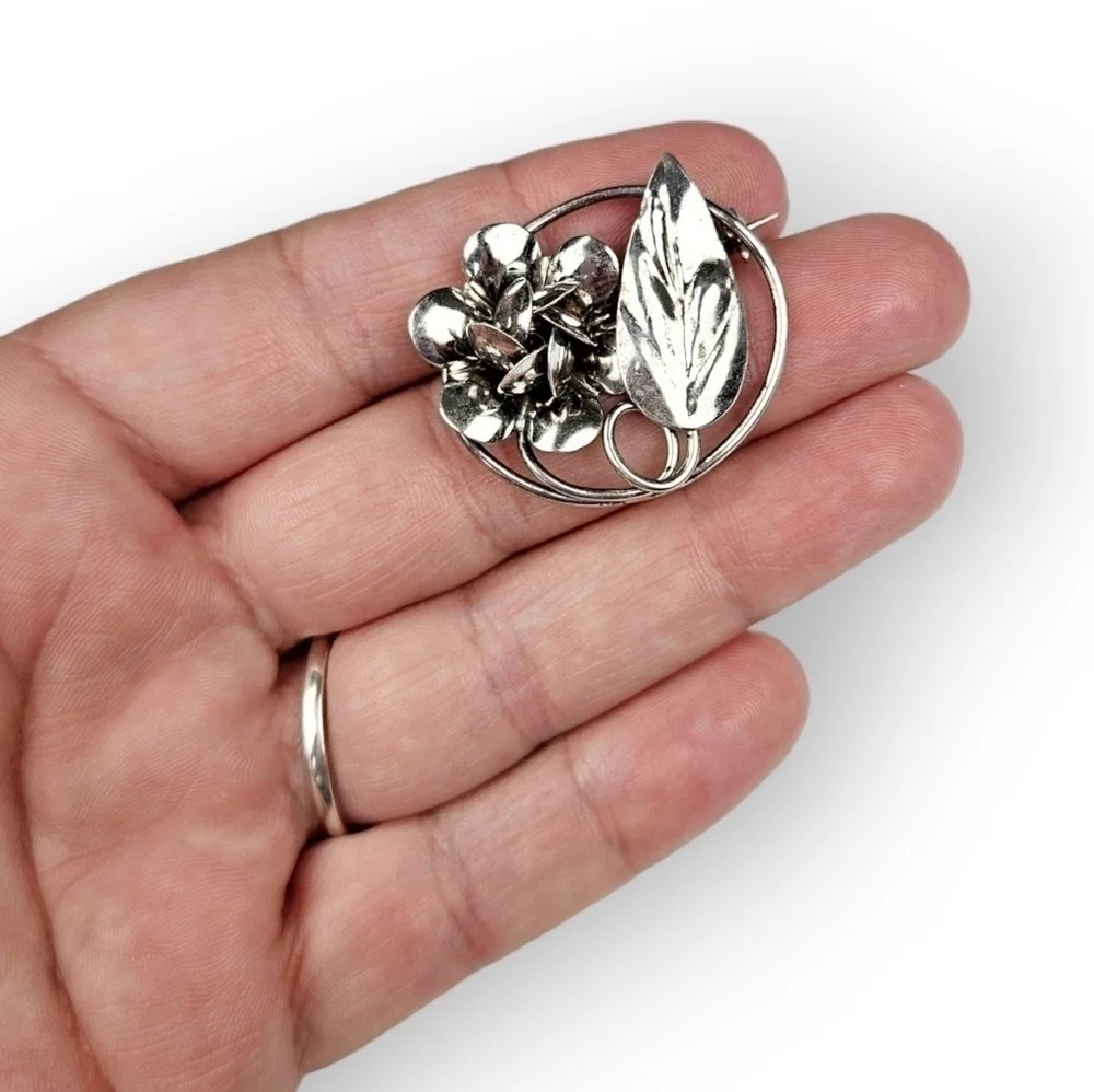 Vintage Sterling Rose Brooch Floral Dimensional Flower 925 Silver 1950s 1.25